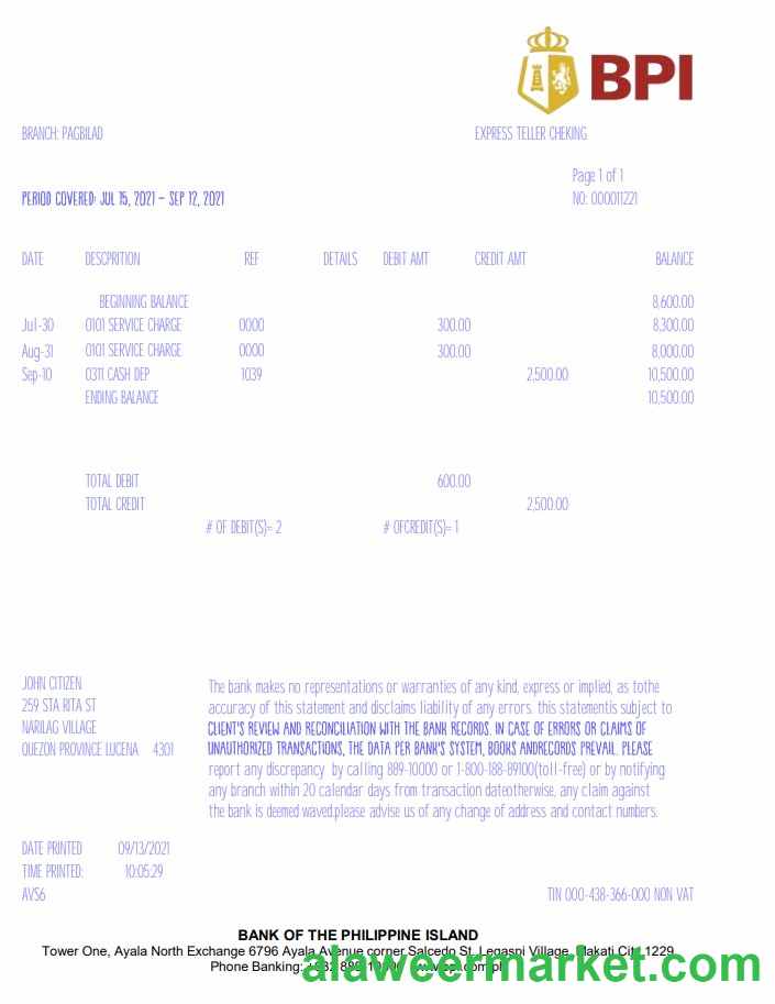 Philippines Bank of the Philippine Islands (BPI) bank statement template in Excel and PDF format, version 2